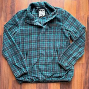 KAVU Teannaway Fleece‎ Pullover Mens Medium Teal Black Plaid Snap Neck